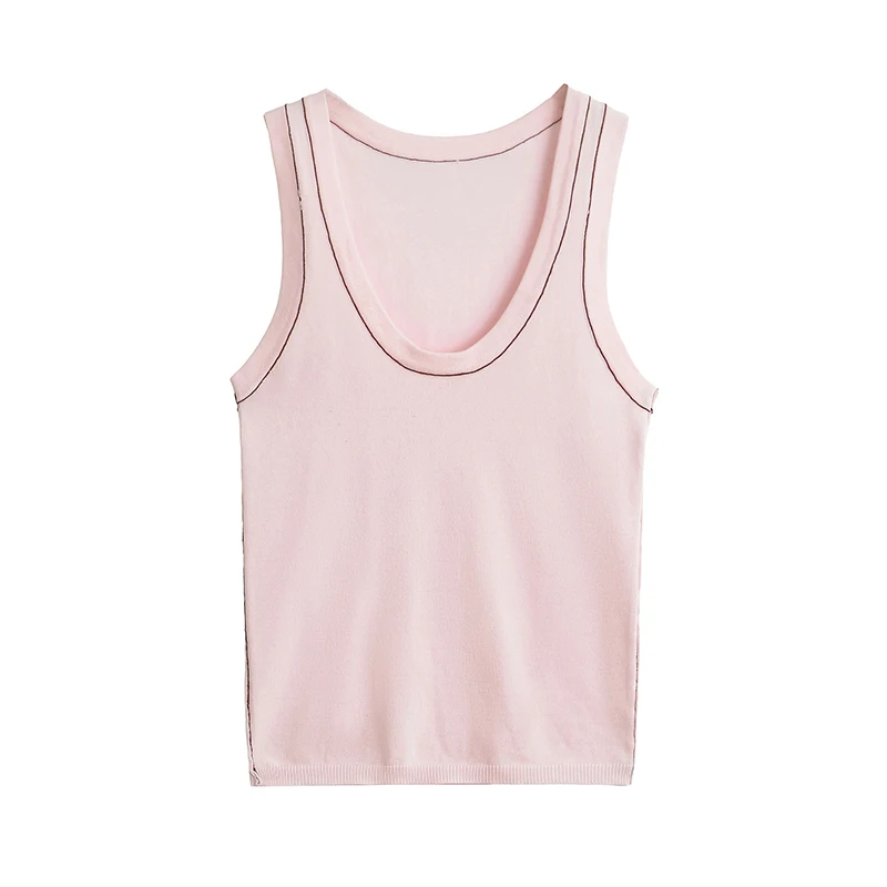 YENKYE Summer Women Basic Knit Top With Contrasting Piping Female Round Sleeveless Casual Slim Tank Tops ropa de mujer