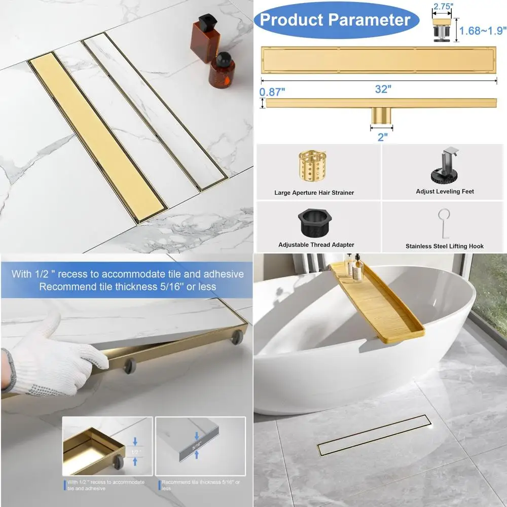 

Stainless Steel 32-Inch Linear Shower Drain with Tile Insert Grate, Brushed Gold Finish, Long Rectangle Design for Modern Bathro