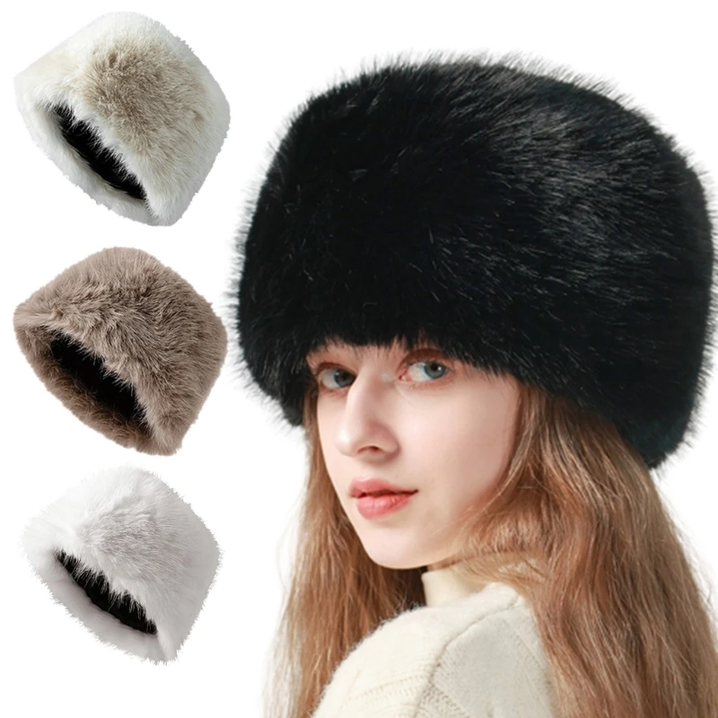 

Furry Faux Fur Russian Style Cossack Hat Winter Warm Thicken Lining Bucket Hat Lady Outdoor Cold Weather Windproof Fisherman Cap