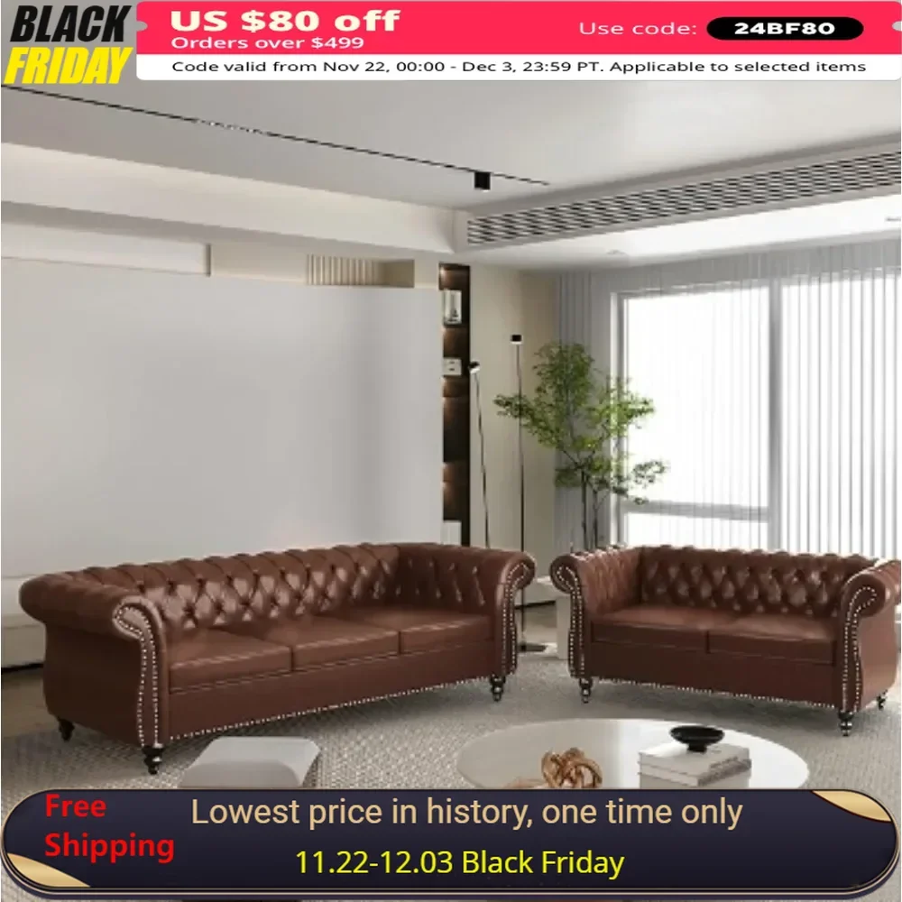 2 Piece Living Room Set, Chesterfield Leather Sofa Loveseat Couch Chair with Scroll Arms and Nailhead for Living Room, Sofa