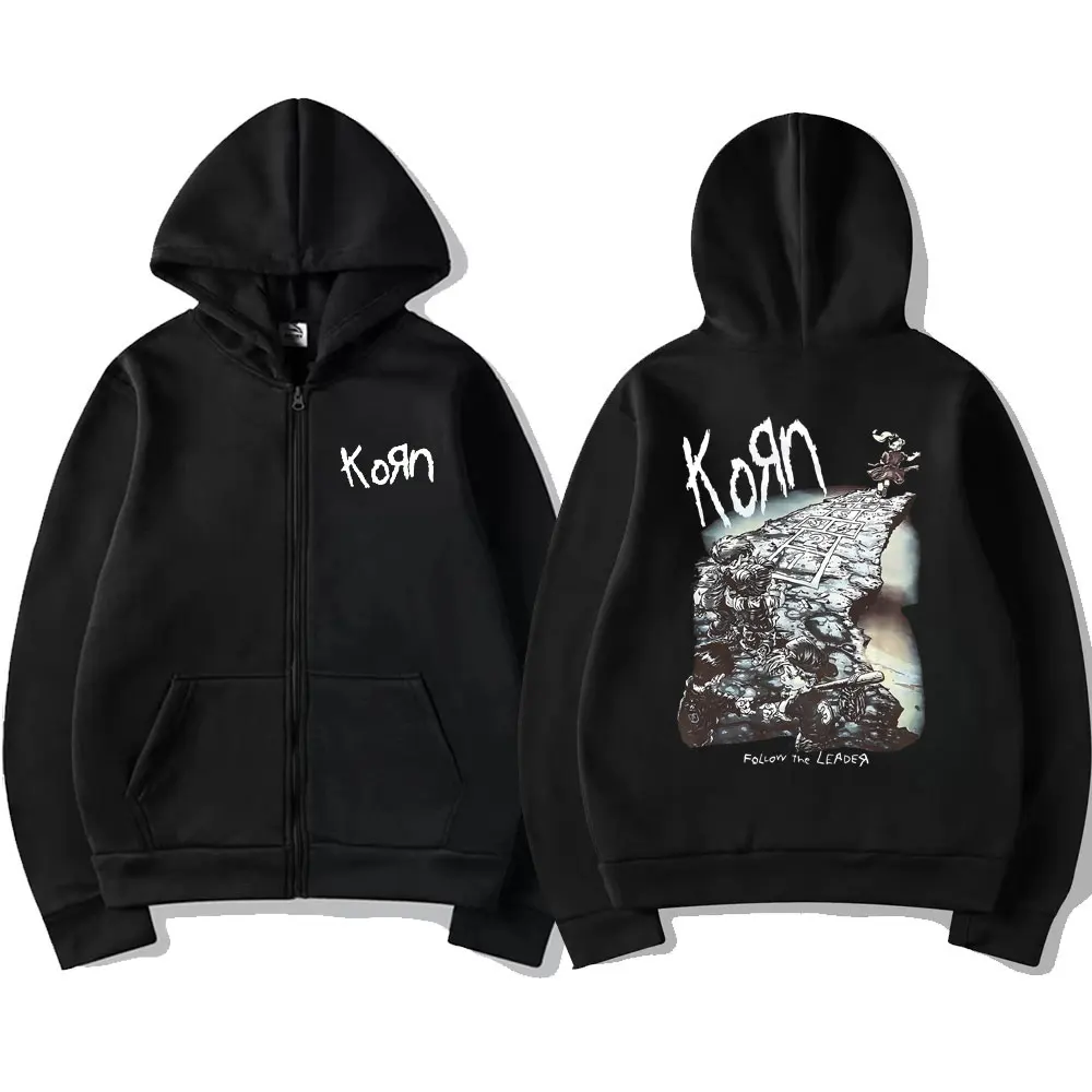 Korn Rock Band Ftl 25 Follow The Leader Zipper Hoodie Men Women Gothic Casual Zip Up Hoodies Men\'s Vintage Graphic Zip Up Jacket