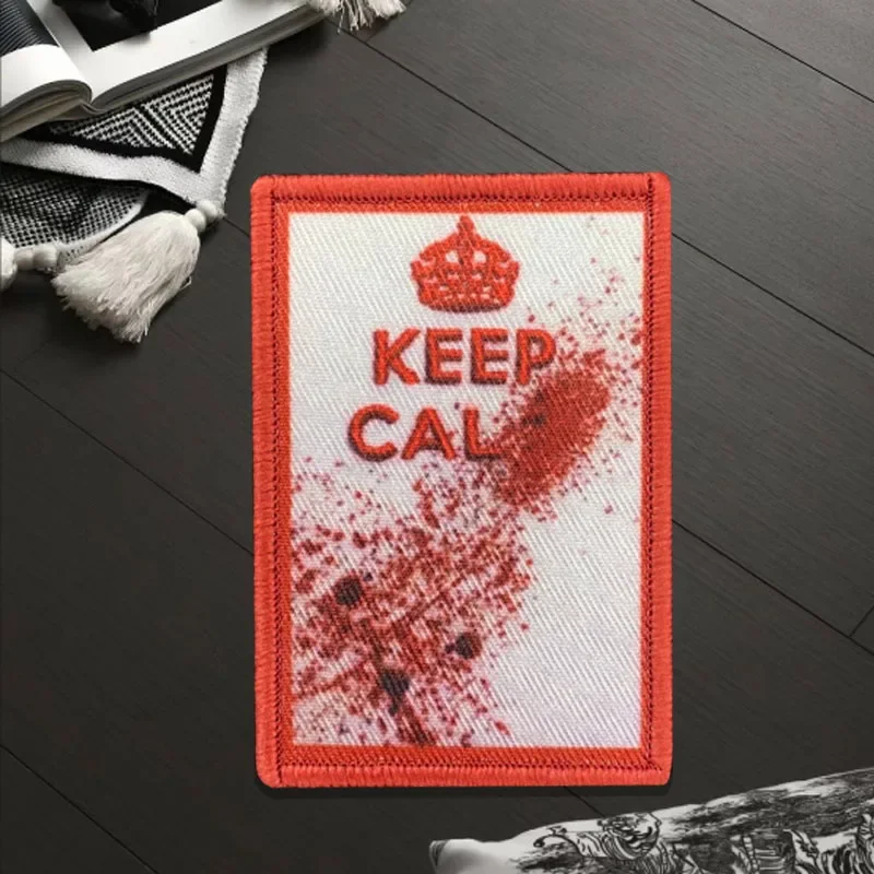 KEEP CALM Morale Tactical Patch Boost Morale with Splattered Blood Stains Badges Hook and Loop Backpack Clothes Stickers