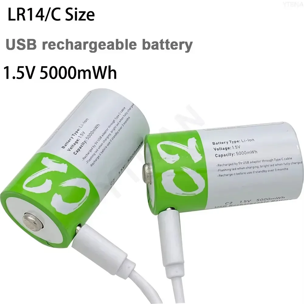 1.5V 5000mWh C Size LR14 Li-po Rechargeable Battery Type-C Ultra-Fast Charging for Flashlight Gas Cooker Electronic Piano Radios