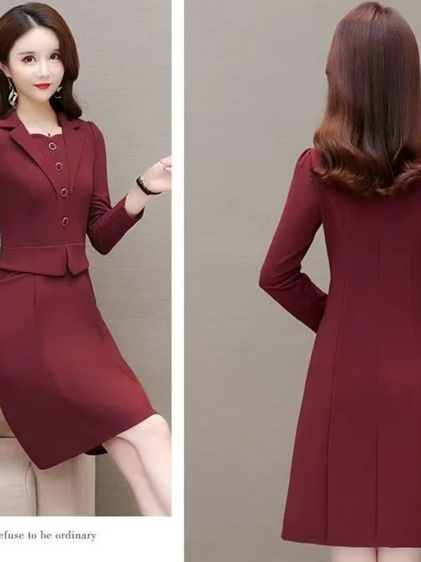 Elegant A-Line Midi Dress Fake Two-Piece Slimming Fashionable Base Layer Korean Style Button Detail Long Sleeve Autumn Wear