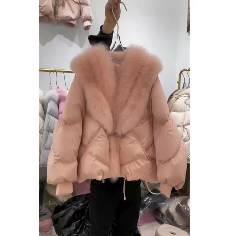 [EWQ] Korean Spliced Big Fur Collor Design Cotton-padded Coat Women Winter Flully Keep Warm Parkas Outerwears 2024 New 16O3131