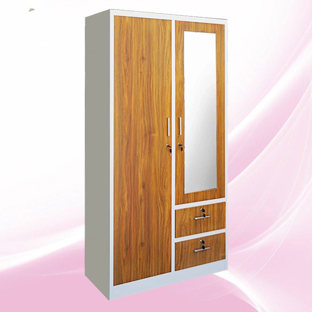 Cheap space-saving bedroom furniture dormitory wood color Metal cabinet wardrobe fully disassembled iron cabinet