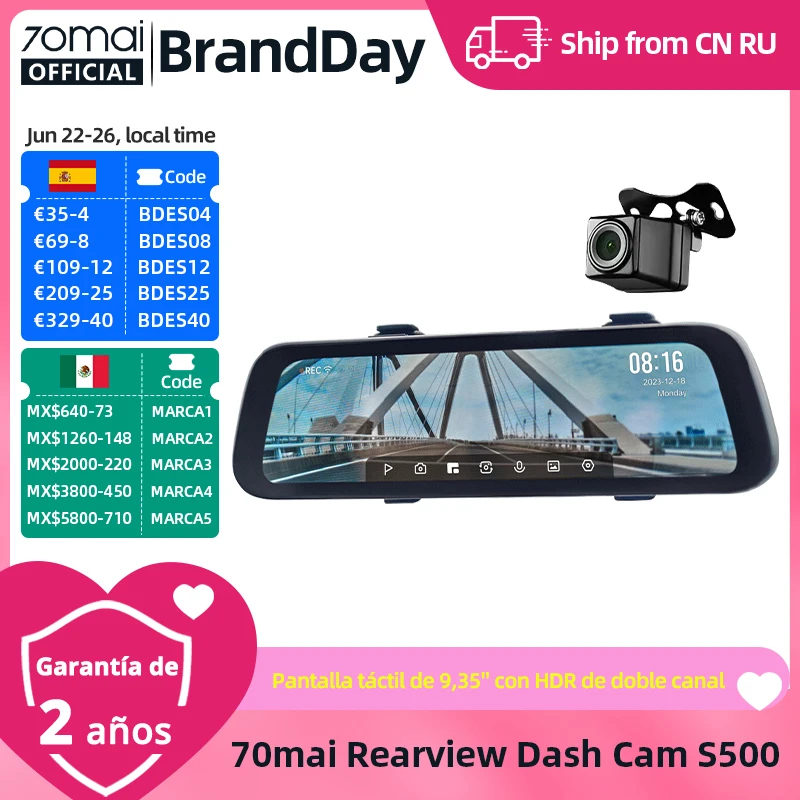 Pantalla completa de 9,35 pulgadas, cámara de salpicadero retrovisor 70mai S500 1944P, cámara automática 138FOV 70mai S500, grabadora de espejo para coche, medios de corriente, DVR para coche
