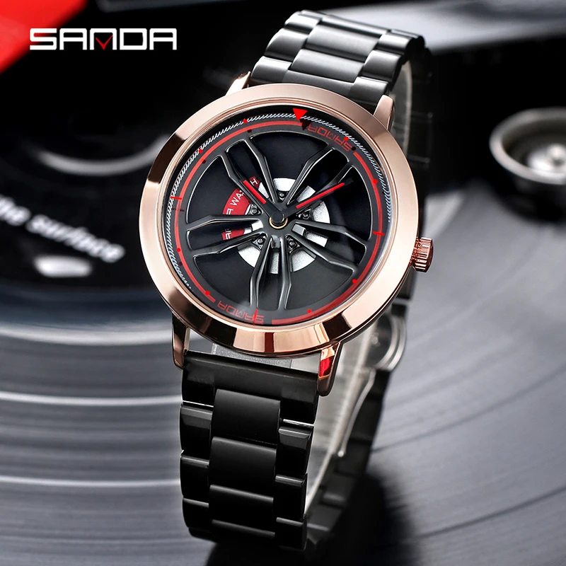 SANDA P1009 Rotation Rim Hub Sports Car Men Watches Waterproof Stainless Steel Wheel Quartz Wristwatch Male Relogio Masculino