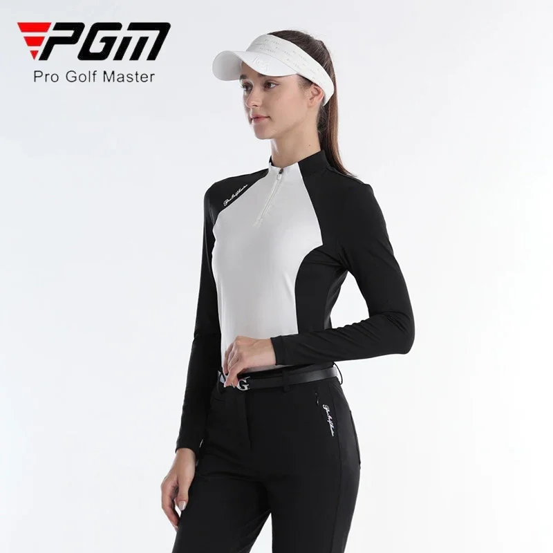 PGM Spring Women Zipper Collar Golf Shirt Ladies Long Sleeve Slim Casual Tops Women Slim High Elastic Sport T-shirt S-XL