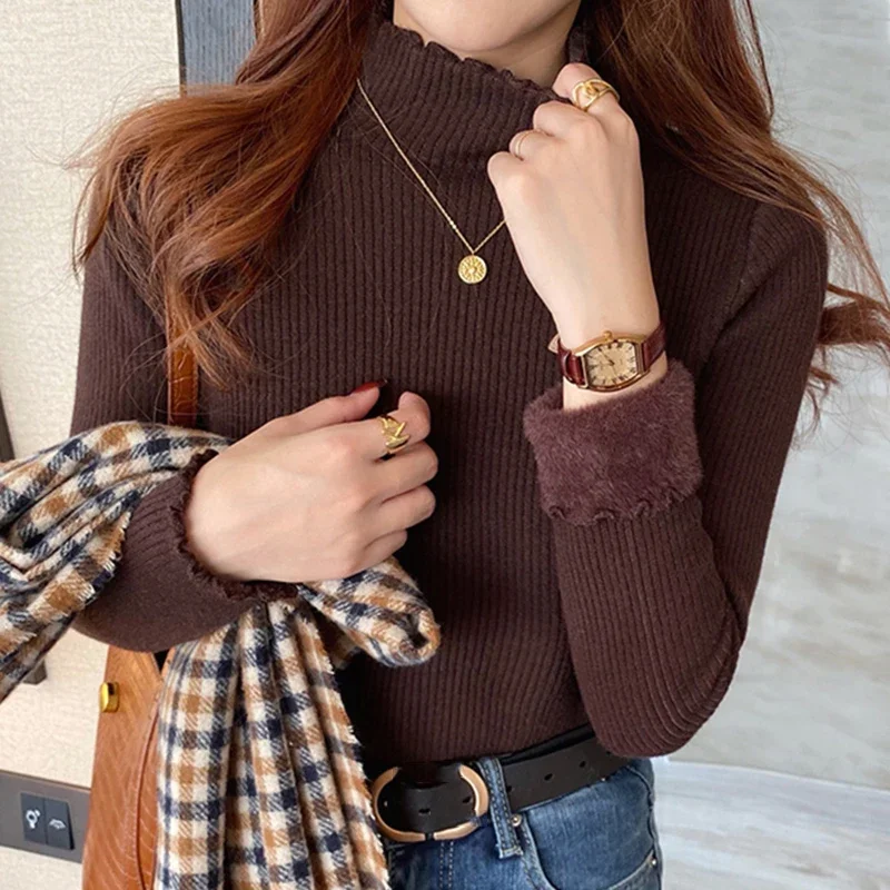 Autumn Winter Women Ruffles Mock Neck Sweater Thicken Fleece Warm Thermal Pullover For Women Cashmere Sweater 2023