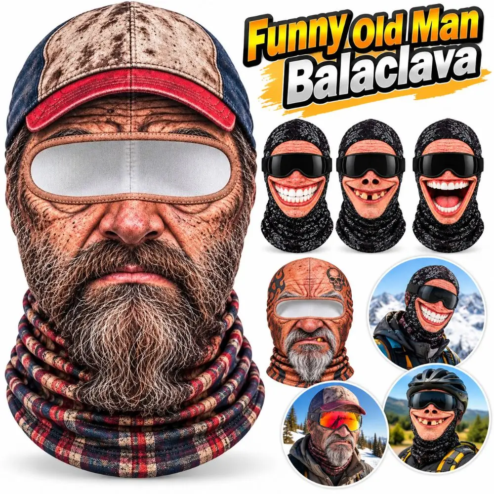 3D Face Printed Old Man Balaclava Face Mask White Mustache Full Coverage Winter Mask Cover Stretch Elastic Funny Ski Mask