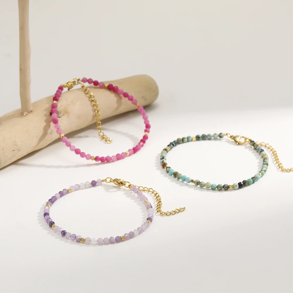 Muliti-color 3mm Faceted Nature Stone Beaded Bracelet For Women Shiny Stainless Steel Square Spacers Exquisite Party Gift