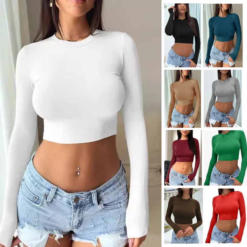 

1pcs Womens Long Sleeve Sexy Slim T Shirts Spring Autumn Solid Base TShirts Female Casual Fashion Round Neck Tees Lady Crop Tops