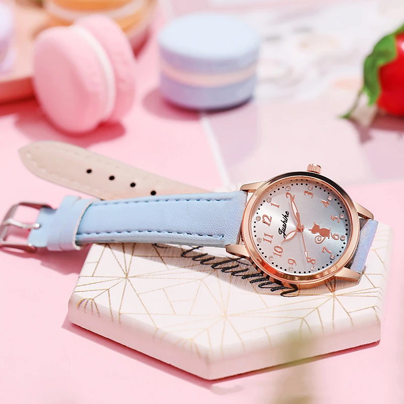 Cute Cat Children Watches Watch Casual Children Simple Rhinestone Girls Wristwatch Gradient Color Leather Quartz Kids Clock Gift