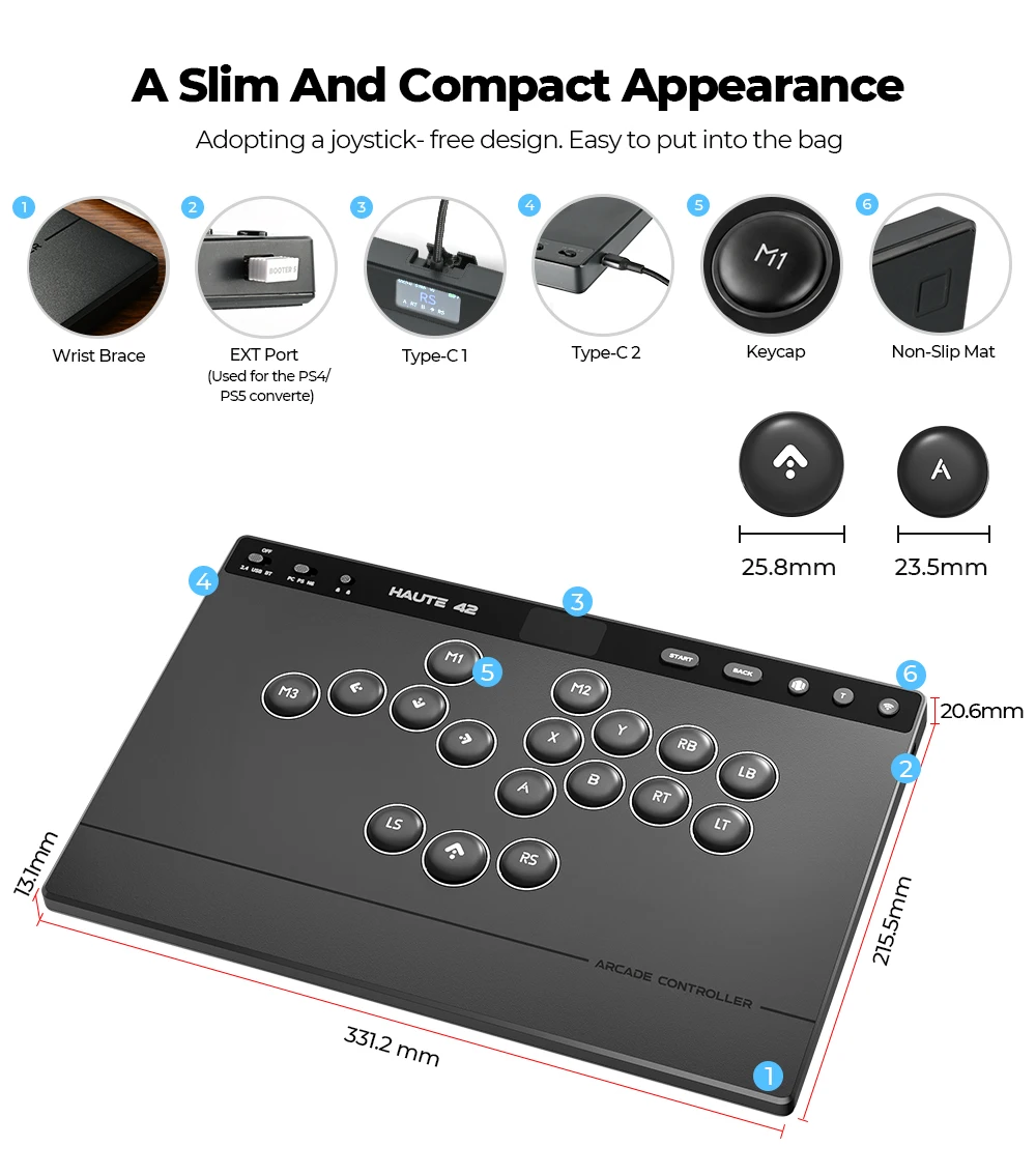 Haute42 W-P1 Tri-Mode 2.4G Kabelloser Touchscreen-Controller ohne Hebel für PC/PS4/PS5/Switch Stickless Arcade-Controller – Detail 23