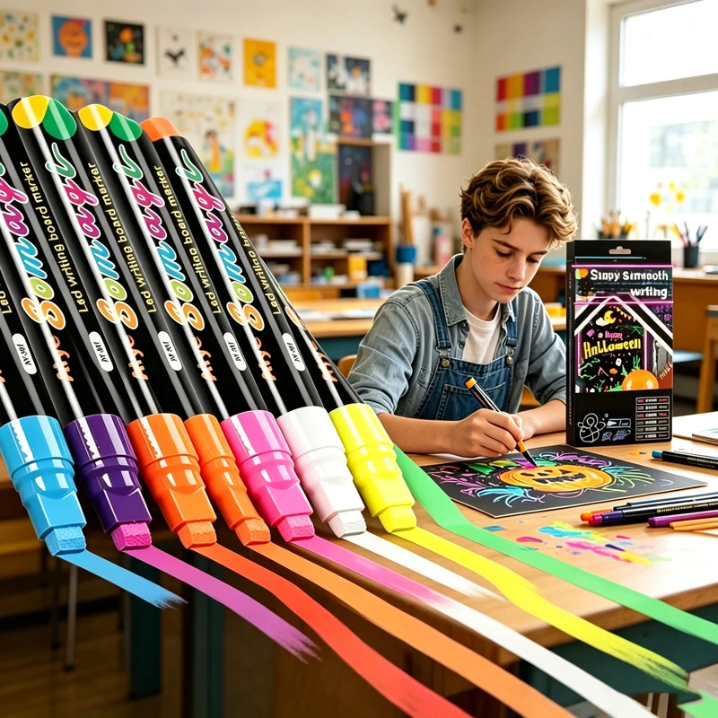 8 Colors 7mm Wet Erasable Neon Chalk Markers, Washable Liquid Pens for Blackboard, Signboard, Glass & Window DIY Drawing