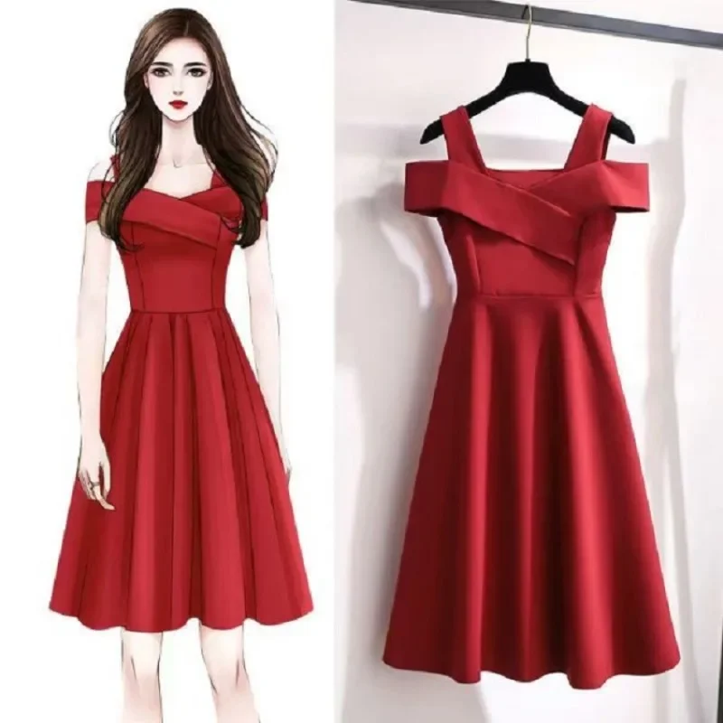 

Women Elegant French Style Dresses Off Shoulder Solid Colors Dress Slim Strap Dresses Party and Banquet Clothes Qualities Dress