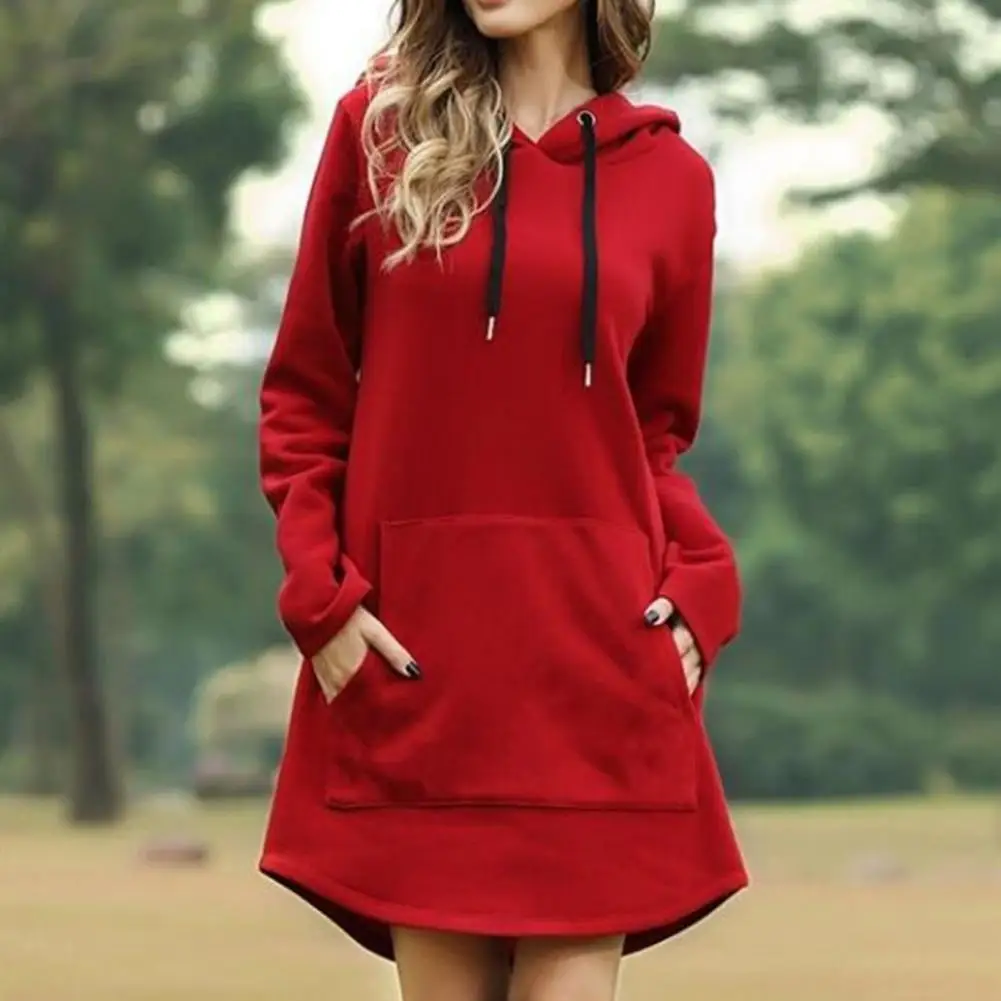 

Loose Fit Dress Hooded Pocket Detail Dress Cozy Plus Size Hooded Mini Dress with Drawstring Patch Pockets for Fall Winter Loose