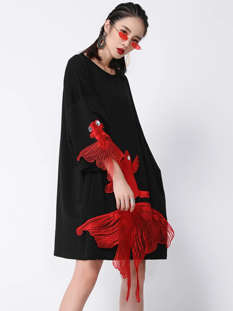eam dresses winter [EAM] Women Black Fish Embroidery Knee Length Big Size Dress New Round Neck Wrist Sleeve Fashion Tide Spring Autumn 2026 OA868 Costway Black Industrial Armoire US SIZE:US2 dev-position-20-off-selected-dresses:number:6 Long sleeves
