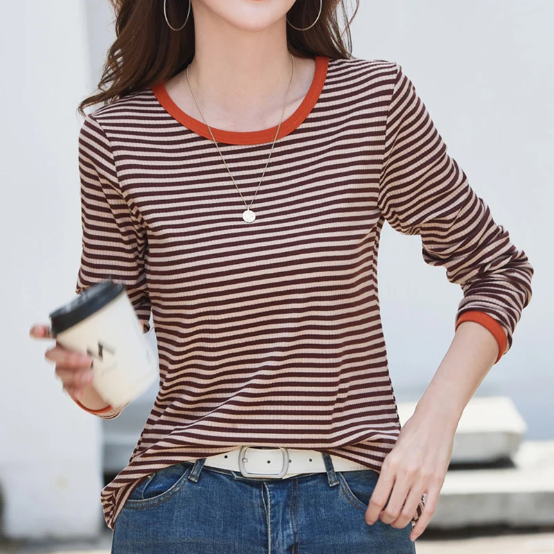 

Camisetas Mujer Autumn New Striped T Shirt For Women Long Sleeve Loose O Neck Tops Female T-Shirts Korean Style Tee Shirt Femme