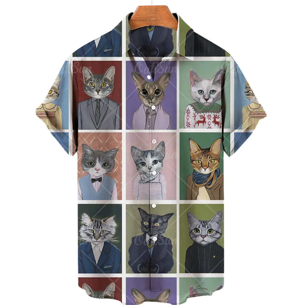 Camisa masculina e feminina Animal Cat com estampa 3D, moda casual, mangas curtas, lapela de botão, streetwear, roupas unissex extragrande