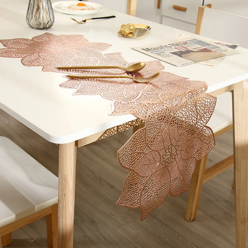 Nordic Light Luxury PVC Table Flag Long Style Solid Color Bronzing Table Runner Creative Irregular Flowers Burlap Decoration