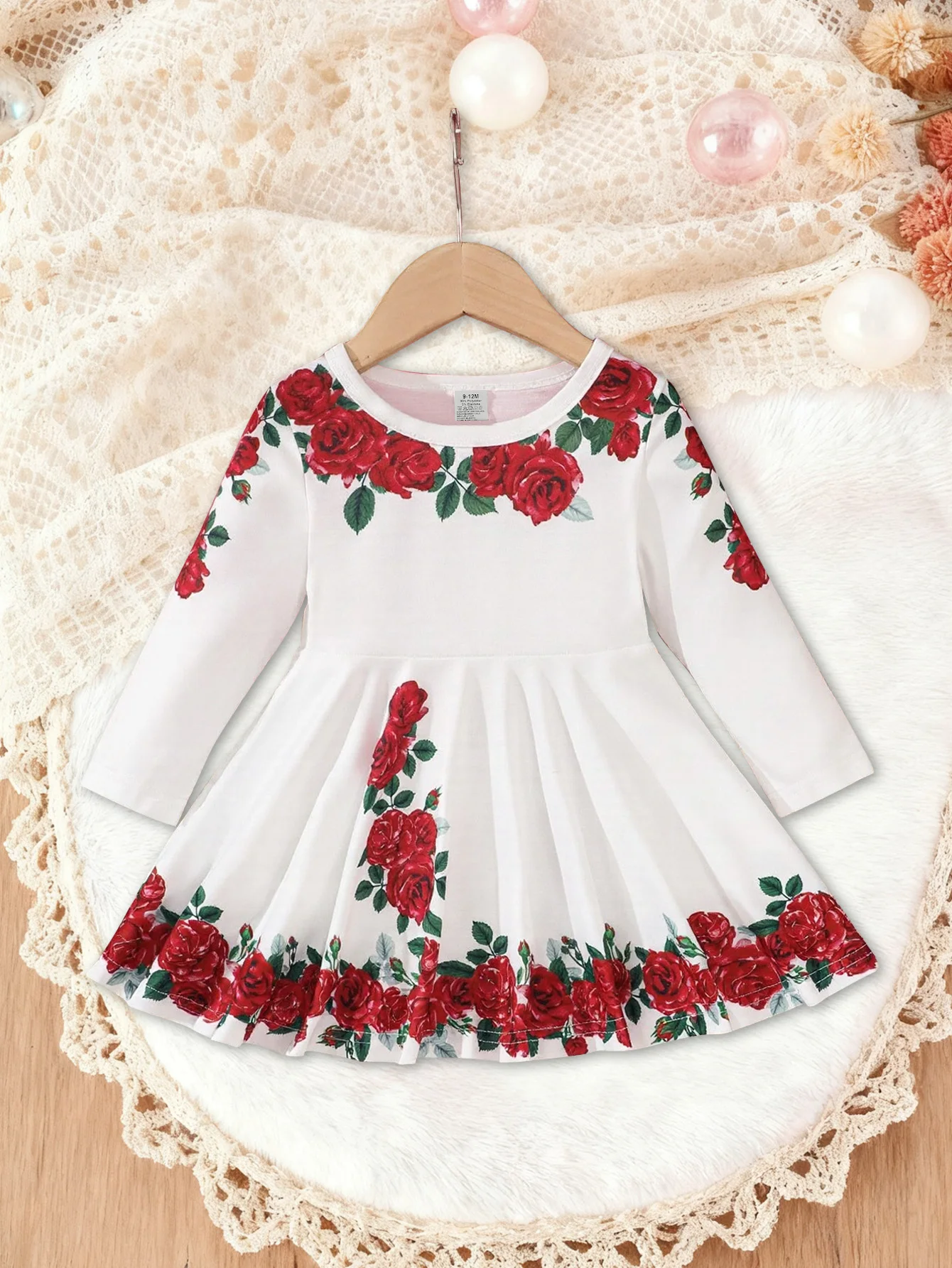 1-Piece Set of Thin Spring and Autumn Dress for Infant Girls, Floral Print Decoration, Round Neck Long-Sleeve Top, Waist-Cinching Dress, Cute and Fashionable Sweet Versatile Children's Clothing, Newborn First Birthday Gift, Comfortable and Soft, Suitable for 0-1-2-3 Years Old, 6-9 Months, Suitable for Outdoor, Casual, Party, Festival Gifts