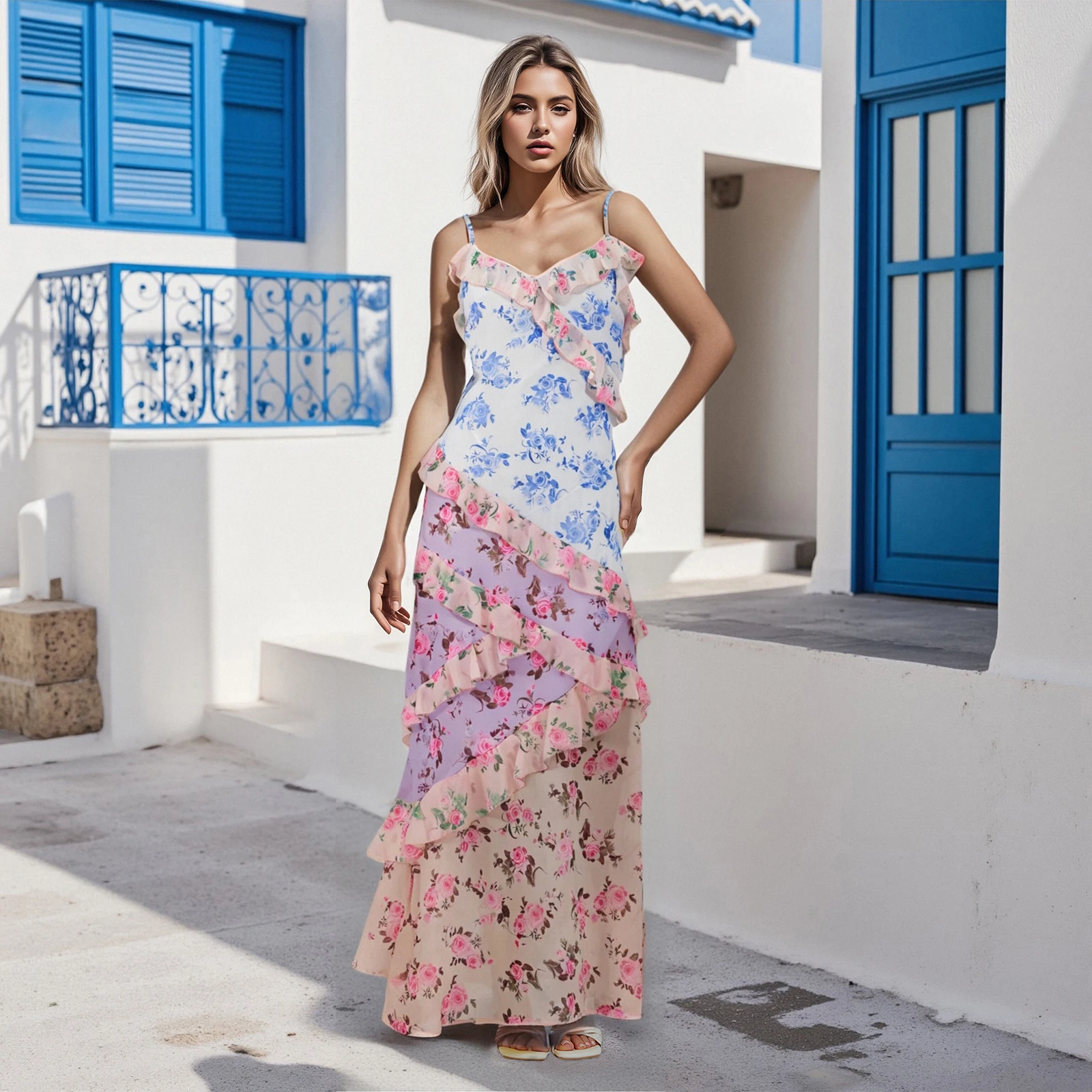 새로운 여성 플로럴 패치워크 캐미 드레스 슬림 러플 트림 V넥 민소매 오픈 백 롱 드레스 파티 클럽 핫세일 S M L