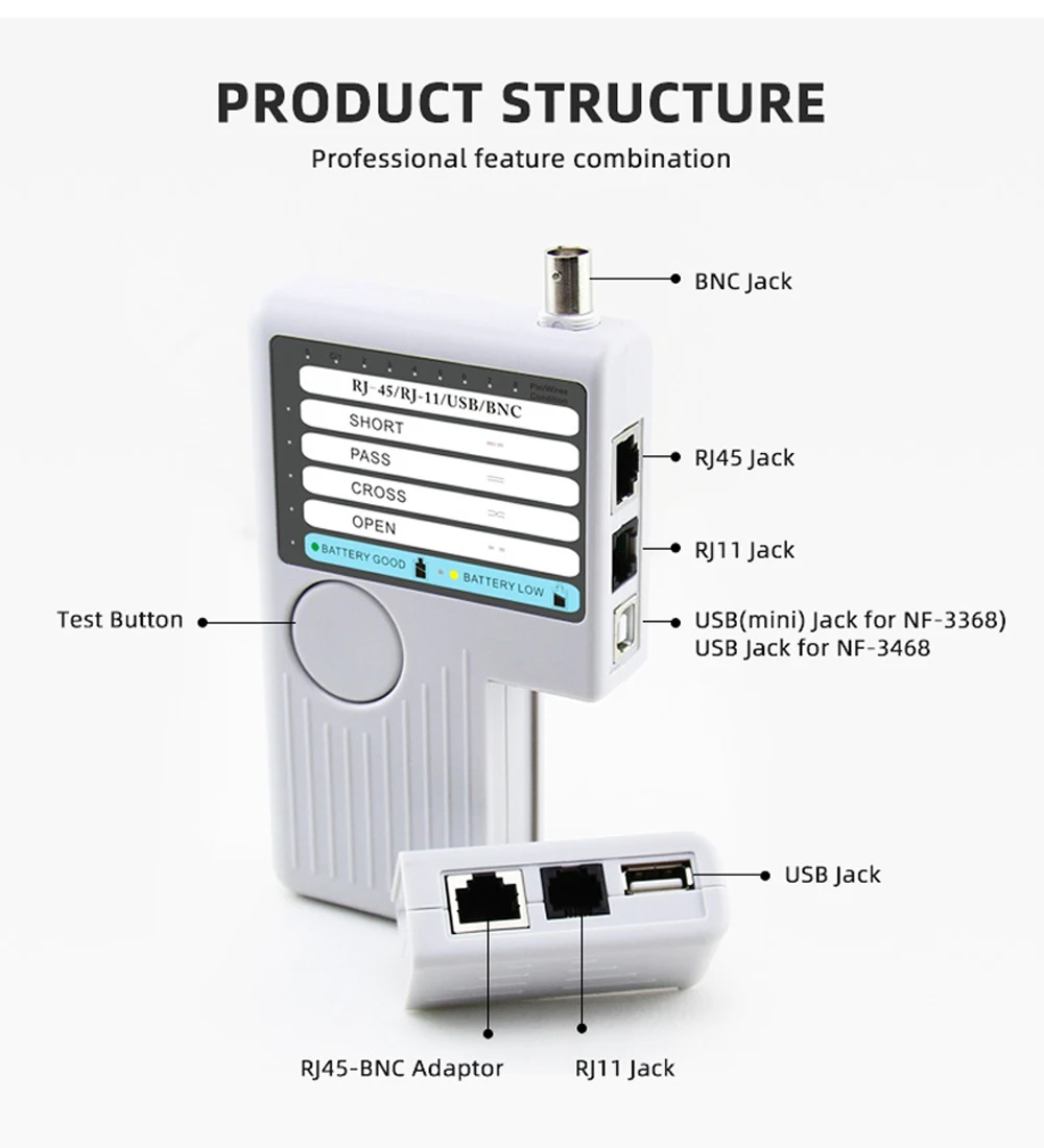 NOYAFA NF-3468 4 في 1 جهاز اختبار كابل الشبكة عن بعد BNC RJ45 RJ11 USB اختبار الكابلات اليدوية لتتبع كابلات UTP STP