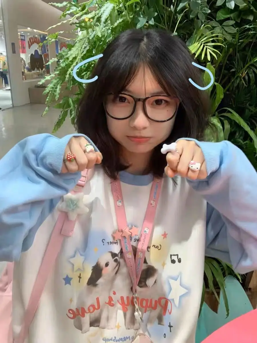 American Cute Puppy Cartoon Splicing Color Blocking Hoodie Women\'s New Autumn and Winter Long Sleeved Soft Girl Loose Top