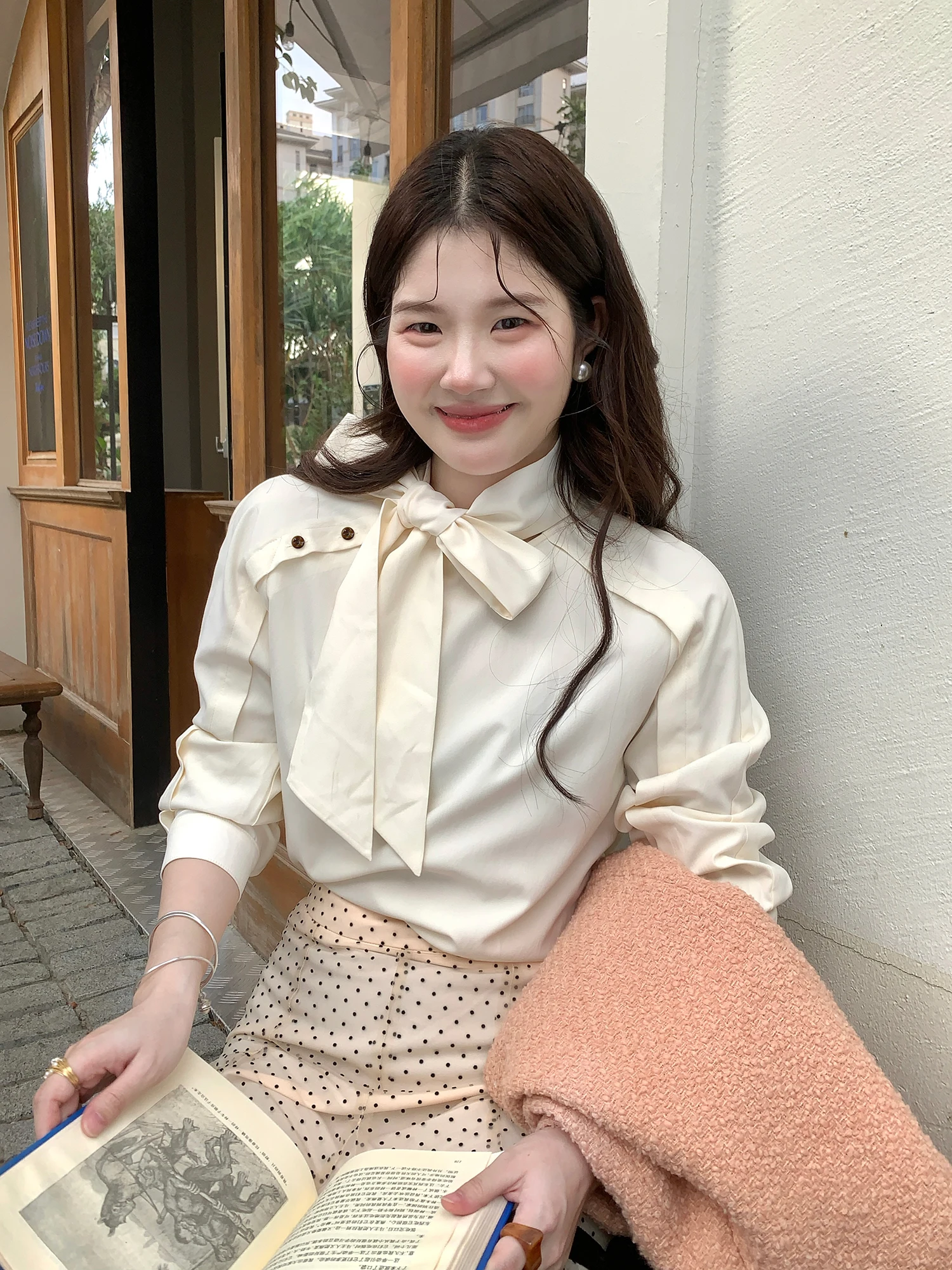

Korean Style Long Sleeve Women's Shirt Knot Casual Spring Breathable Polyester Fiber Loose Fit Fashionable