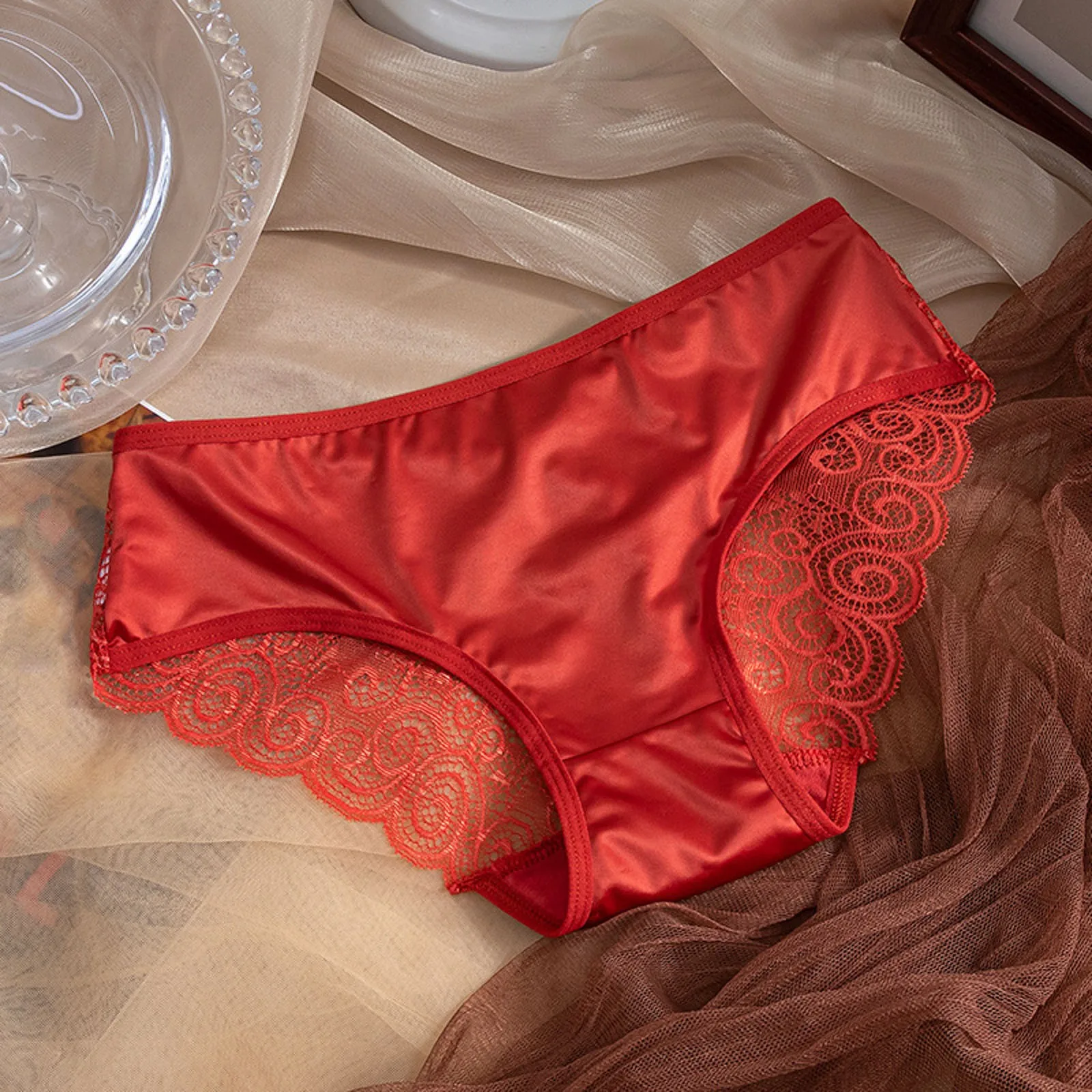 Low Waist Ice Silk Panties Women\'s Sexy Hollow Thin Strap Panties Comfortable Breathable Lace Satin Stitching BriefsLace Panties