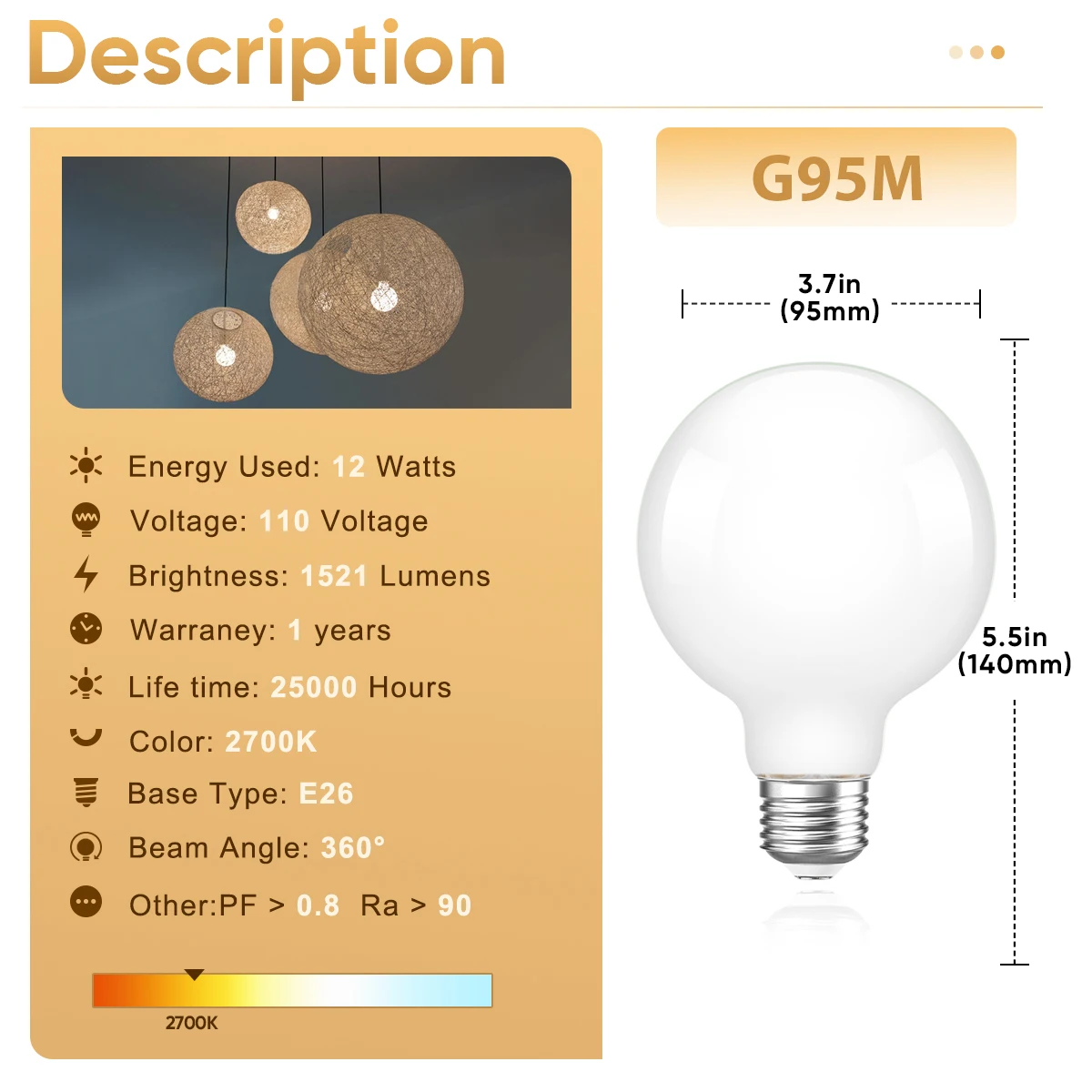 G95 Globe Led Bulb E26 110v High Lumen Dimmable 12W 1521ML Vintage Warm White Pendant Replacing Light Bulbs Filament Lamp Indoor