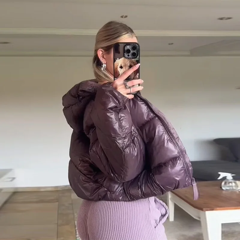 

Winter Puffy Women's Down Jackets Thicken Hooded Long Sleeve Short Padded Coat Warm Zipper Pockets Outwear 2025 New Female Coats