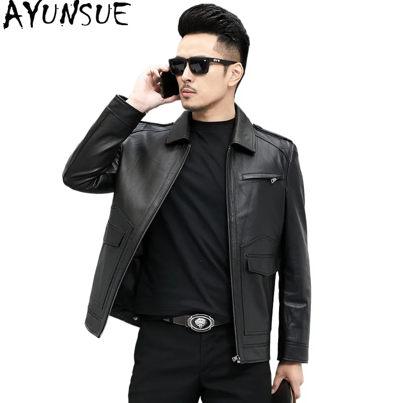 

AYUNSUE Natural Cowhide Leather Coat Men's Clothes Motorcycle 100% Genuine Cow Leather Jackets Man Slim-fit Lapel Leather Jacket