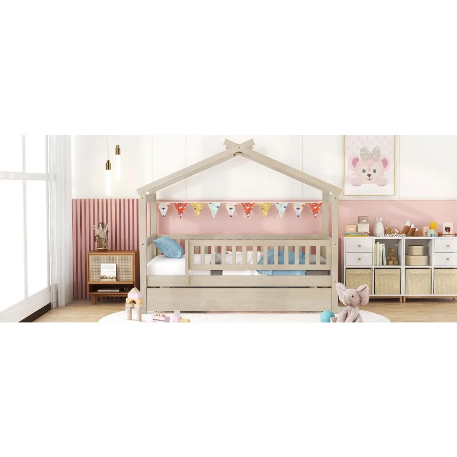 Twin Size Wooden House Bed with Twin Size Trundle Natural