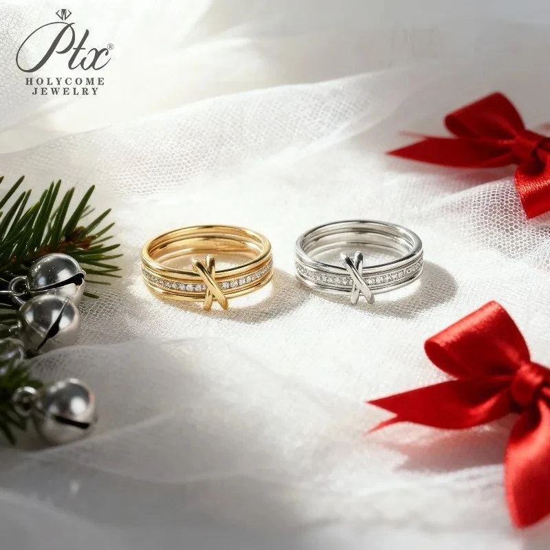 

Custom 1mm Round Moissanite Ring 925 Silver Plated White Gold Three-Layer Stacked "X" Shape Ring Exclusive For Christmas Gift