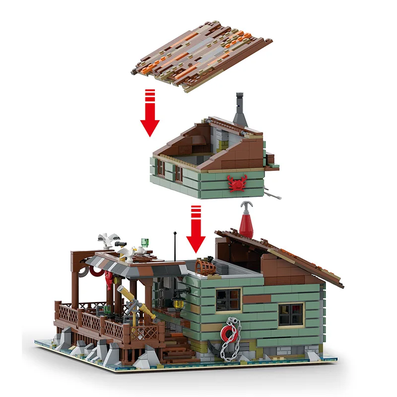 مجموعة مكعبات بناء العمارة على شاطئ البحر سلسلة المدينة كوخ الصياد منزل ريفي وقارب صيد نموذج لعبة الطوب هدية للأطفال #2