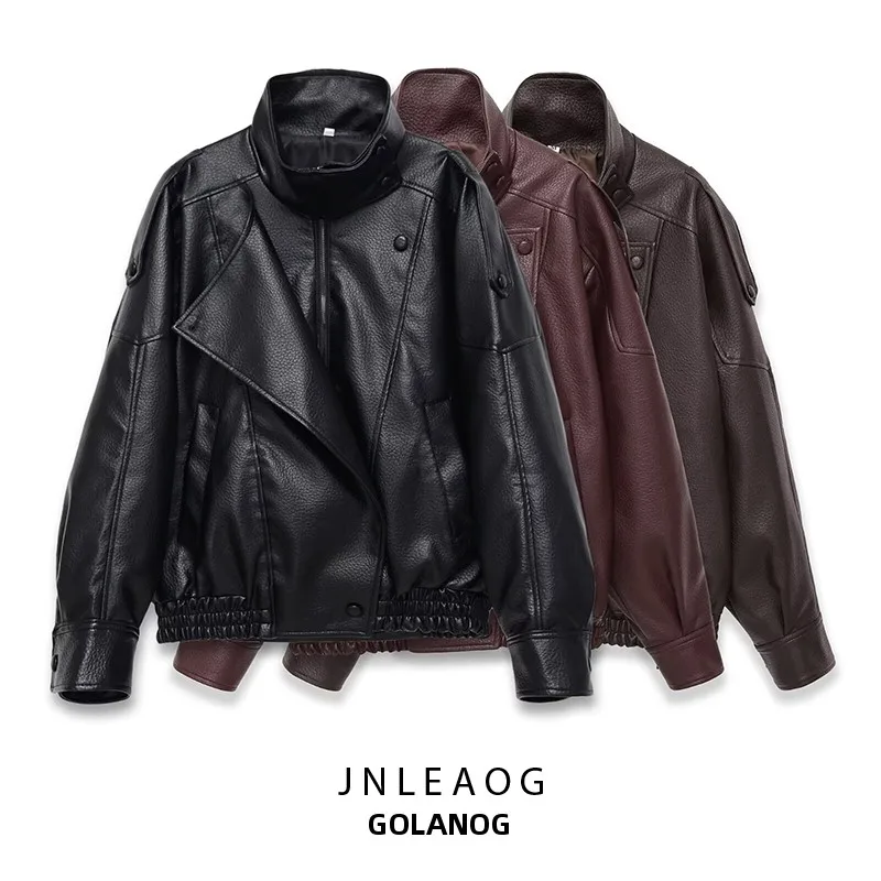 ファッショナブルな長袖スタンドカラーワークウェアレザージャケット レディース 秋の新作 多用途 通勤スタイル ポリエステル繊維