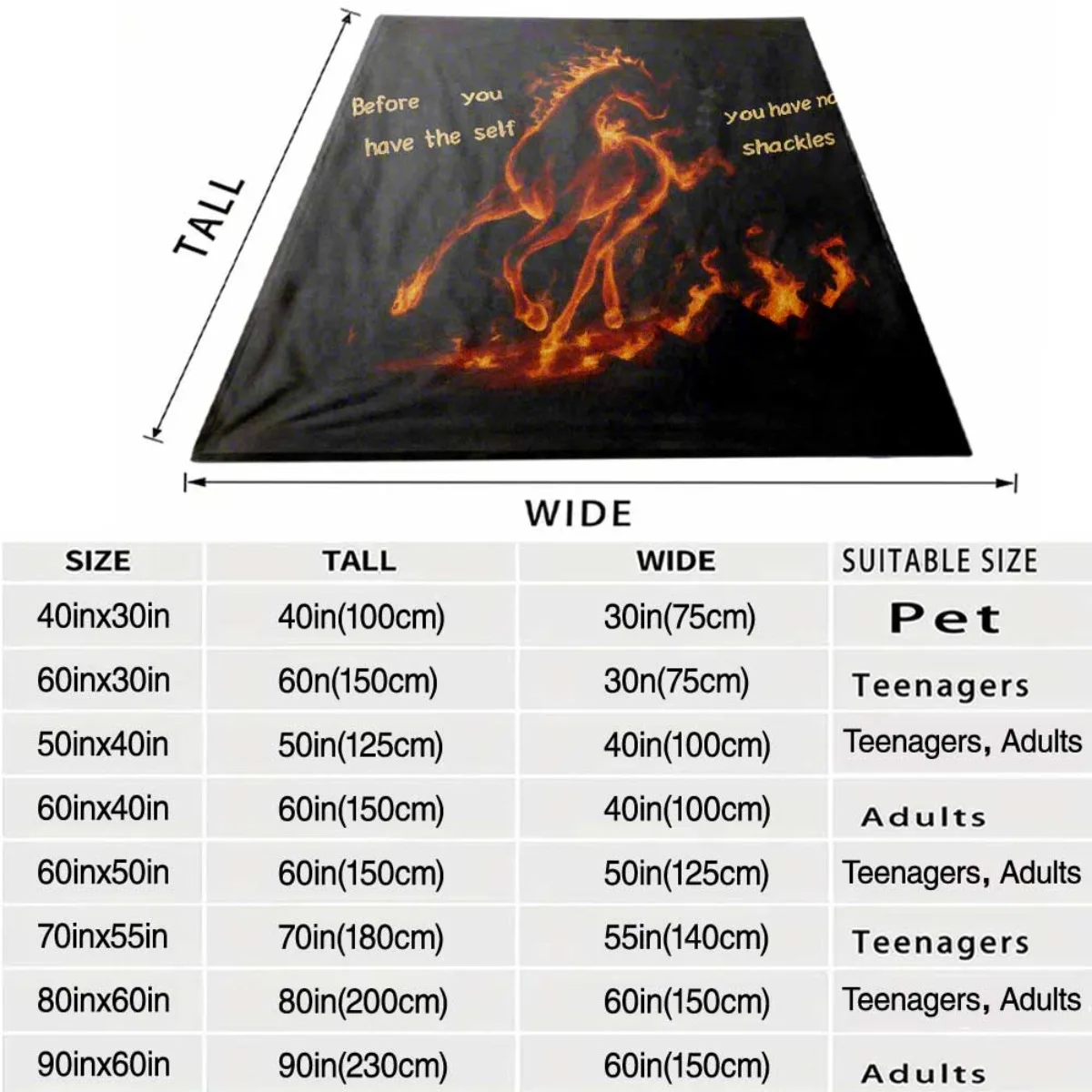 Large Fire Horse Art Graphic Quote Blanket Throw 150x200cm Cozy Winter Fleece Bedspread Couch Decor Gift for Home