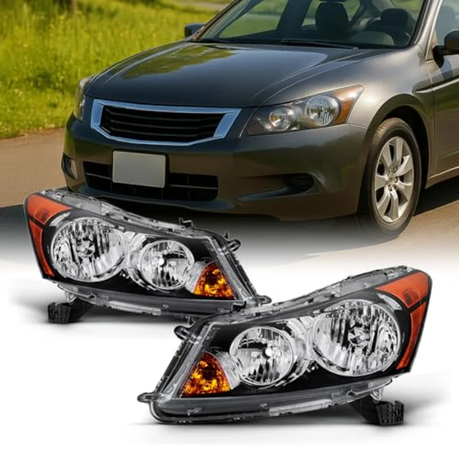 

2008-2012 4-Door Sedan Honda Accord Driver Passenger Side Headlights Headlamps Plastic Black Durable Lighting Upgrade