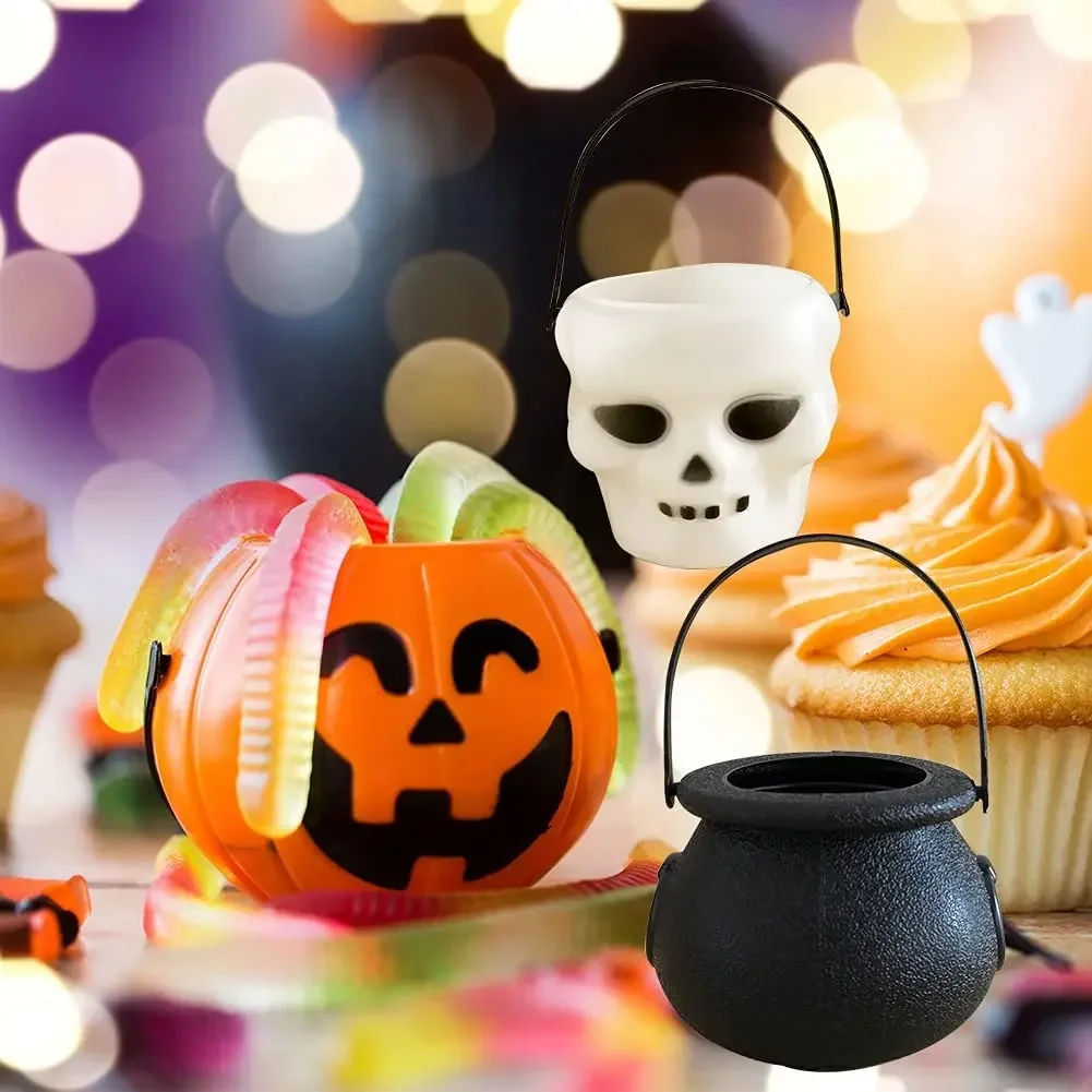 6pcs Mini Halloween Candy Bucket Pot Witch Skeleton Cauldron Holder Jar Trick Or Treat Halloween Party Decoration Props Kids Toy