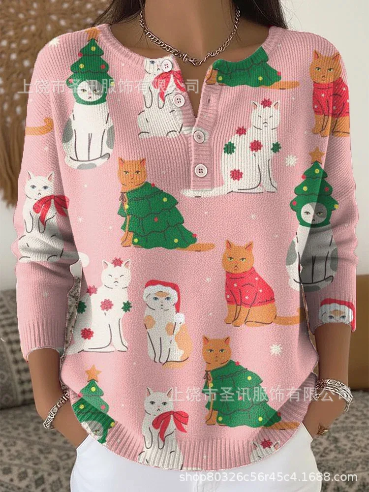 Vintage Christmas 3D Print Stand Collar Four Button Tshirt Retro Casual Long Sleeve Tshirt Early Autumn Loose Fit Tshirt