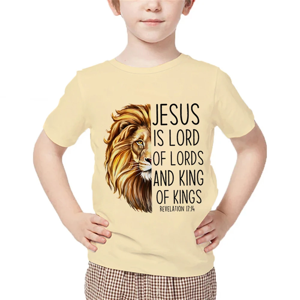 Kids Animal Tshirts Jesus Letter Graphic T Shirts Short Sleeve Clothes Child Boy Tee Shirts Cartoon Lion Print Children Clothes