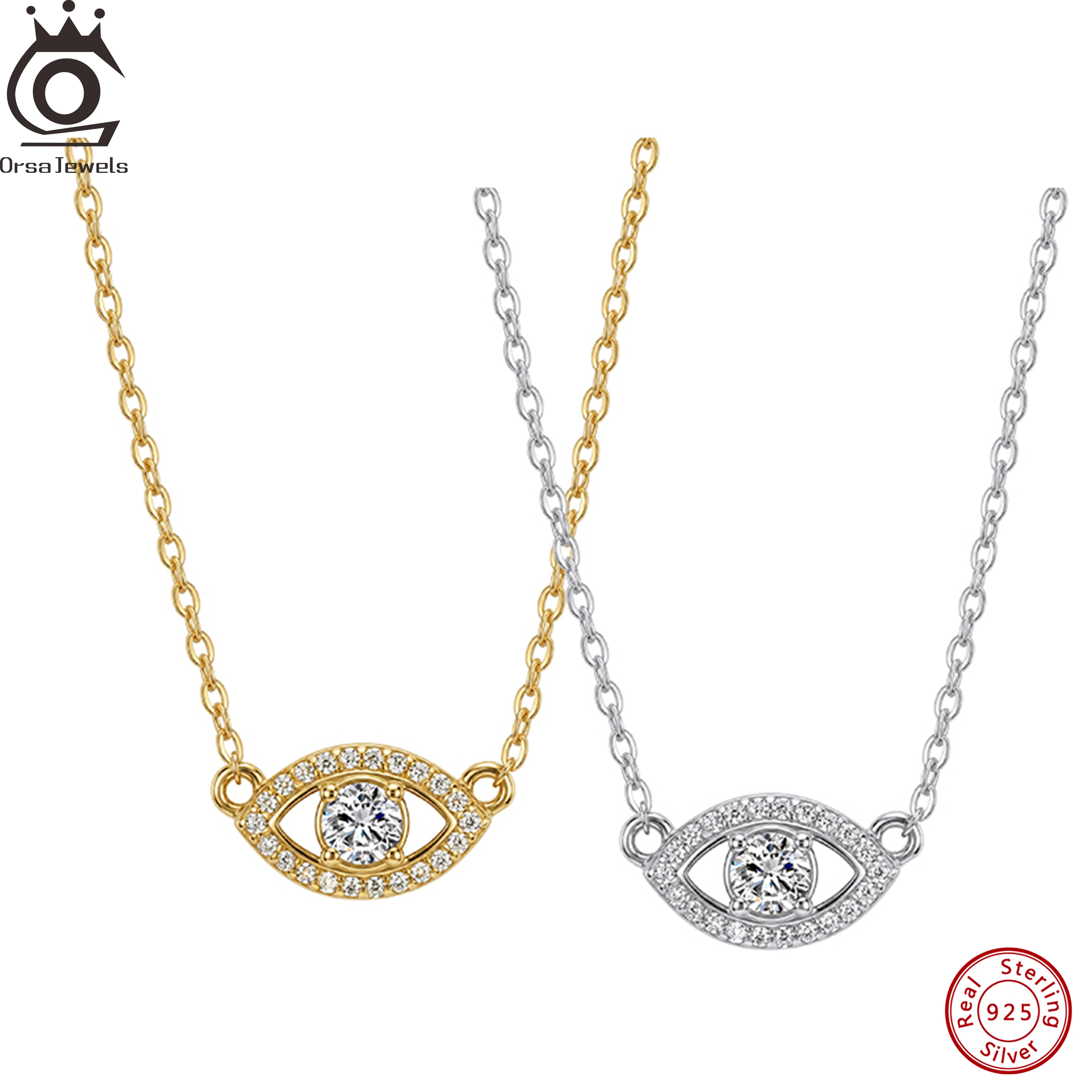ORSA JEWELS 925 Sterling Silver Evil Eye Pendant Necklace D Color Round Moissanite Protection Lucky Jewelry Gift for Women MON24