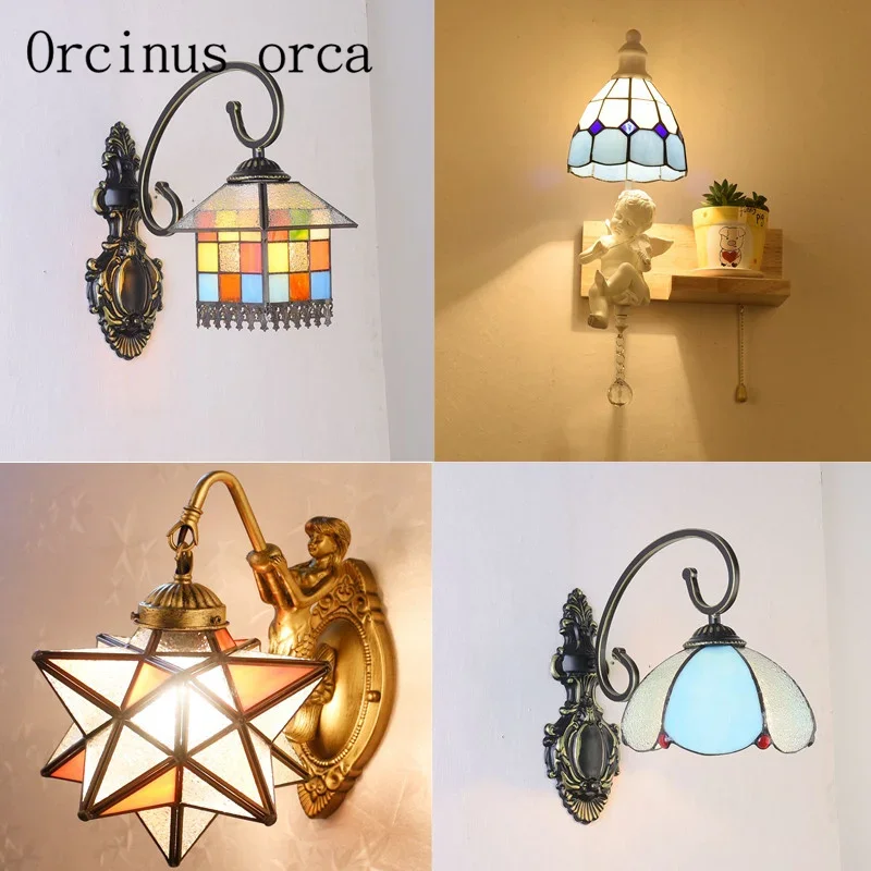 

Mediterranean painted wall lamp living room children's room bedroom corridor European style modern simple glass wall lamp