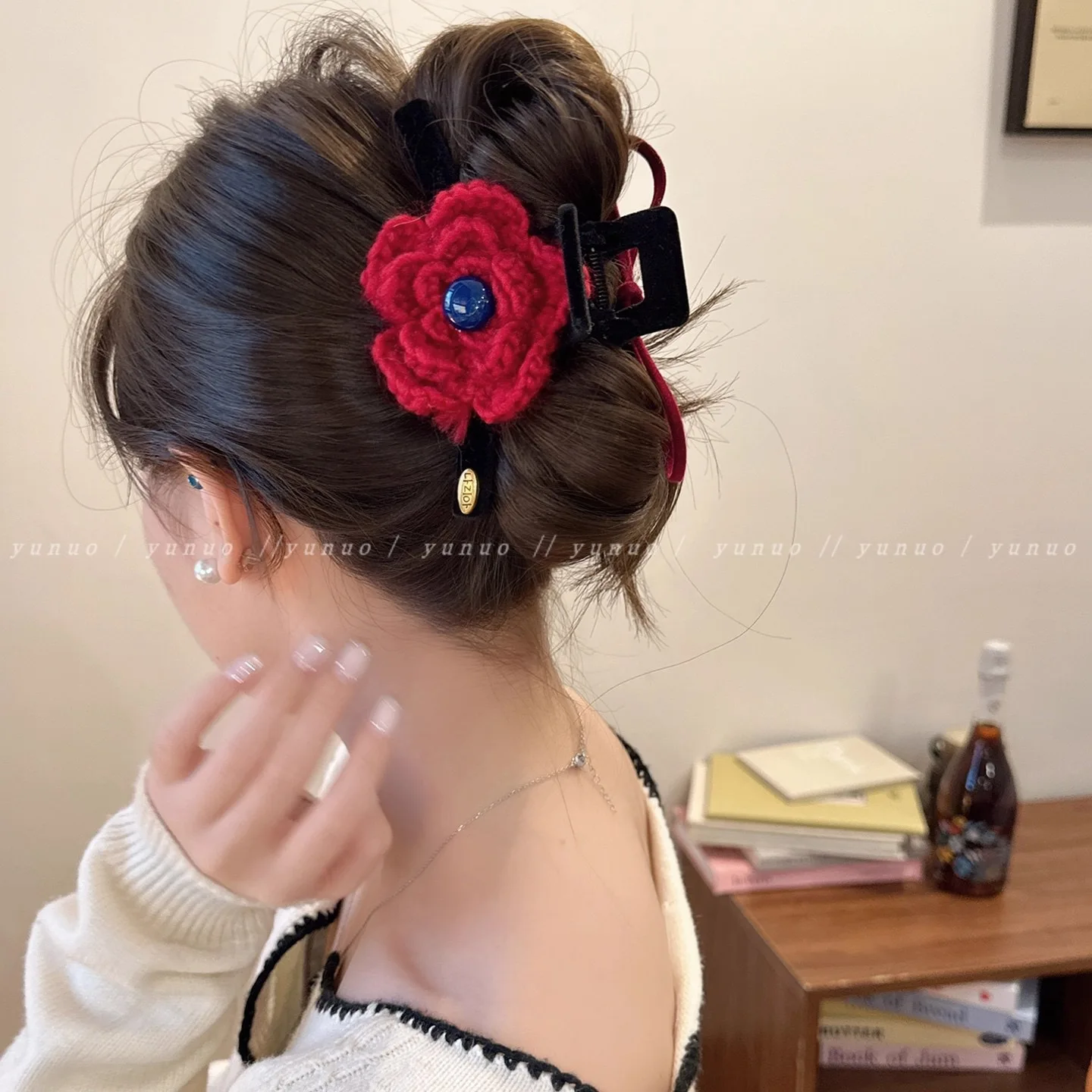 1 قطعة الخريف/الشتاء خمر محبوك الأزهار المخملية مشبك شعر ، الجزء الخلفي من رئيس مشبك شعر أنيق ، 2025 جديد الراقية أوبدو القرش كليب #3