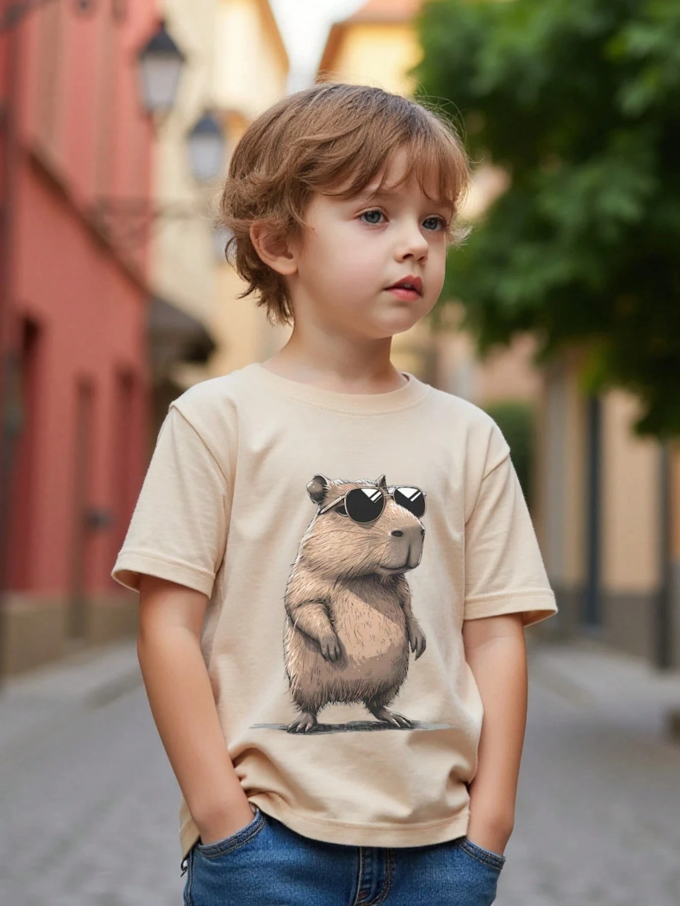 Capybara trägt Sonnenbrille, bedrucktes Rundhals-T-Shirt. Lässiges, vielseitiges Kurzarm-T-Shirt. Sommer-Kurzarm-T-Shirt für Jungen