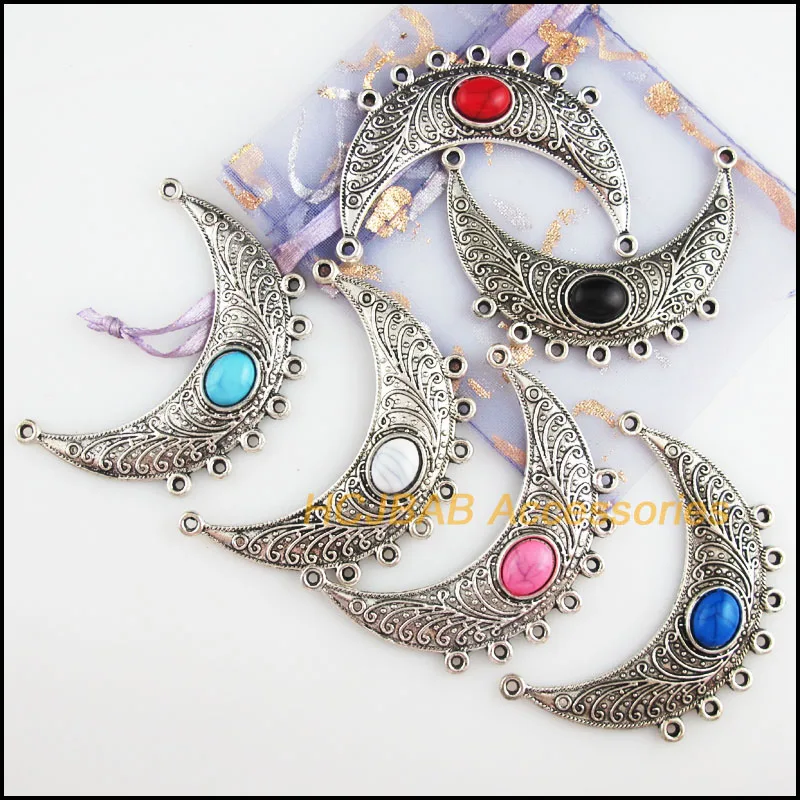 Fashion 6Pcs Tibetan Silver Tone Retro Moon Mixed Acrylic Oval Charms Connectors 41x52mm