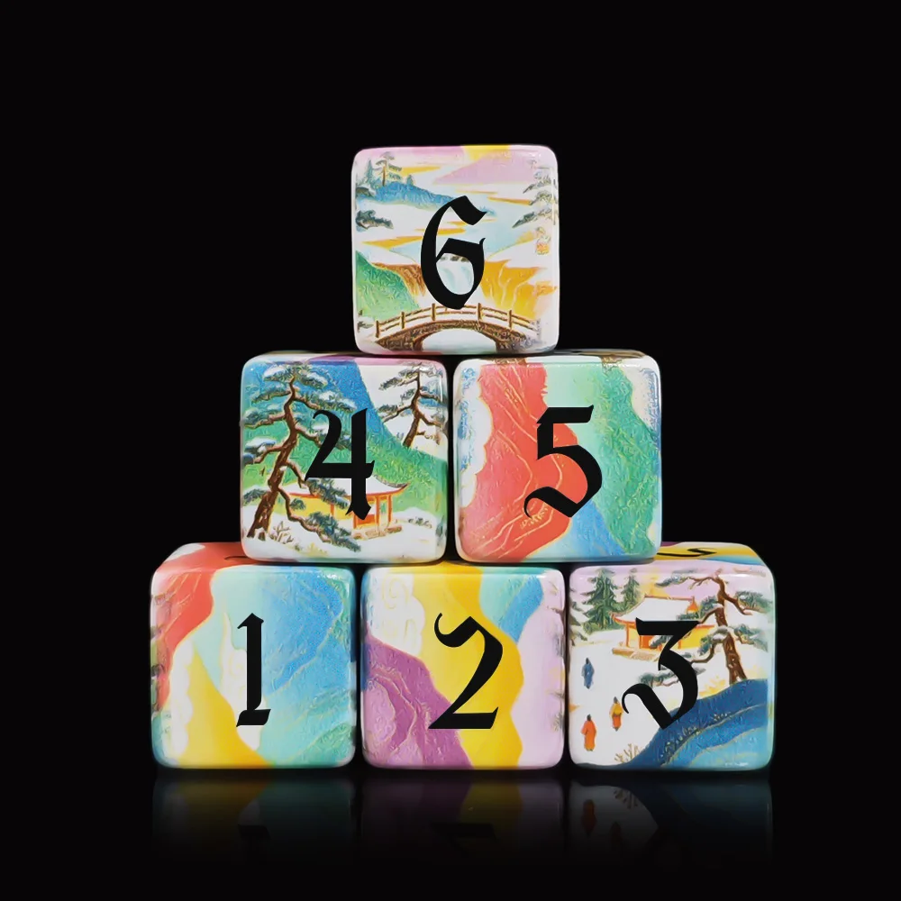12Pcs Chinese Landscape Painting D6 Dice,16MM Square Acrylic 6-Sided Number Dice Tabletop Game Dice For DND RPG Gaming Dice view 3